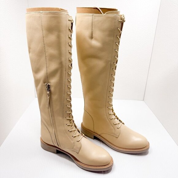 Sam Edelman Nance Boots 7M Women’s Lace Up Knee High Eggshell Leather Riding NIB - Picture 1 of 13